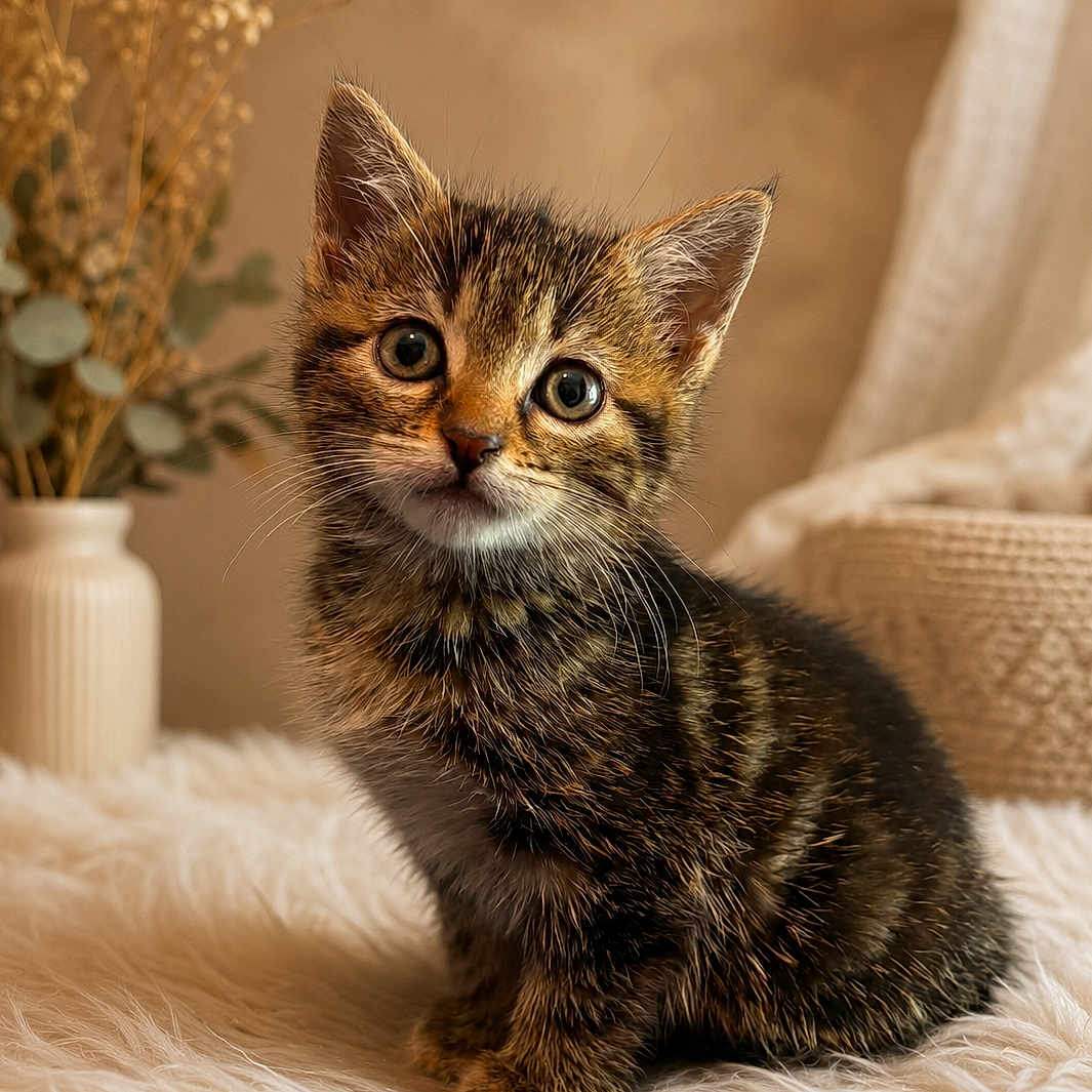 Bloom a rejoint le concours — aidez-le/la à gagner de superbes lots ! kitten, cat, tabby, fur, pet, animal, cute, portrait, indoor, vase, flowers, decor, soft, fluffy, young, curious, whiskers, eyes, sitting, cozy