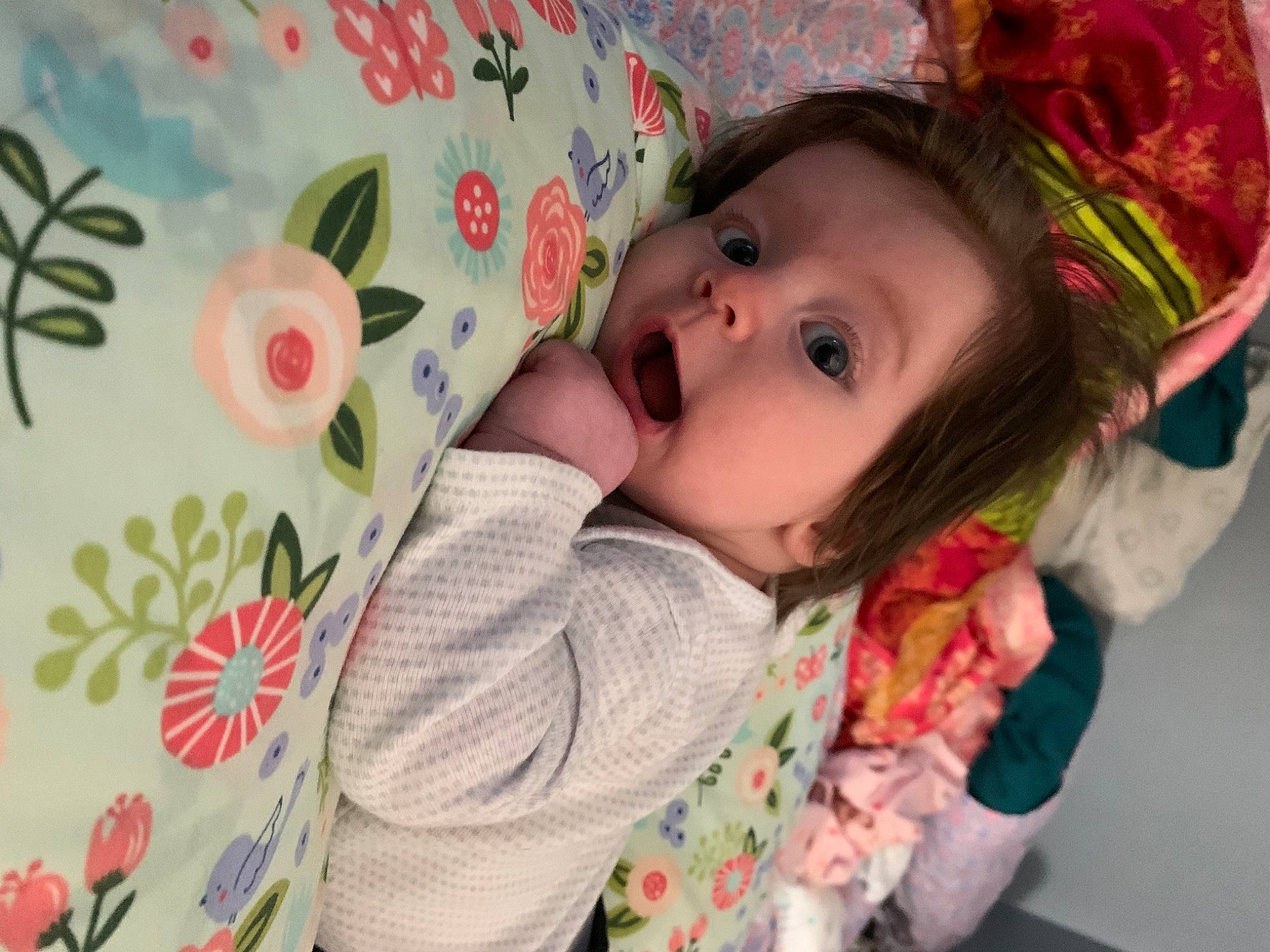 Adley is registered to the contest to win money with this photo: baby, baby_toddler_clothing, cheek, child, eyelash, facial_expression, happy, head, human, iris, leaf, lip, nose, pattern, person, pink, plant, skin, sleeve, toddler