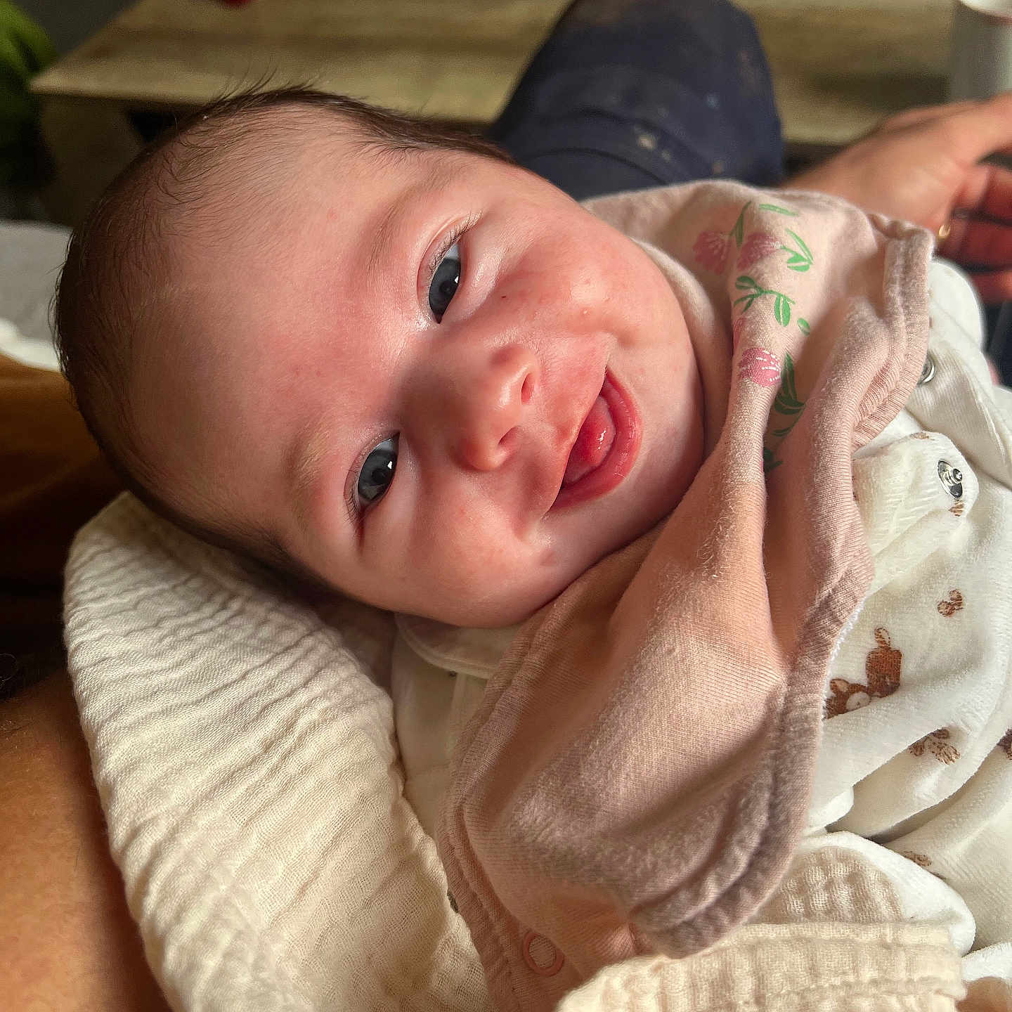 Gabriella a rejoint le concours — aidez-le/la à gagner de superbes lots ! baby, bib, blanket, closeup, clothing, cozy, cute, fabric, face, hand, happy, indoor, infant, newborn, person, portrait, skin, smiling, table, wood