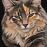 cat, tabby, close_up, green_eyes, fluffy_fur, pet, animal, portrait, whiskers, ears, paw, feline, relaxed, domestic_cat, muzzle, collar, striped, cute, indoor, looking_at_camera