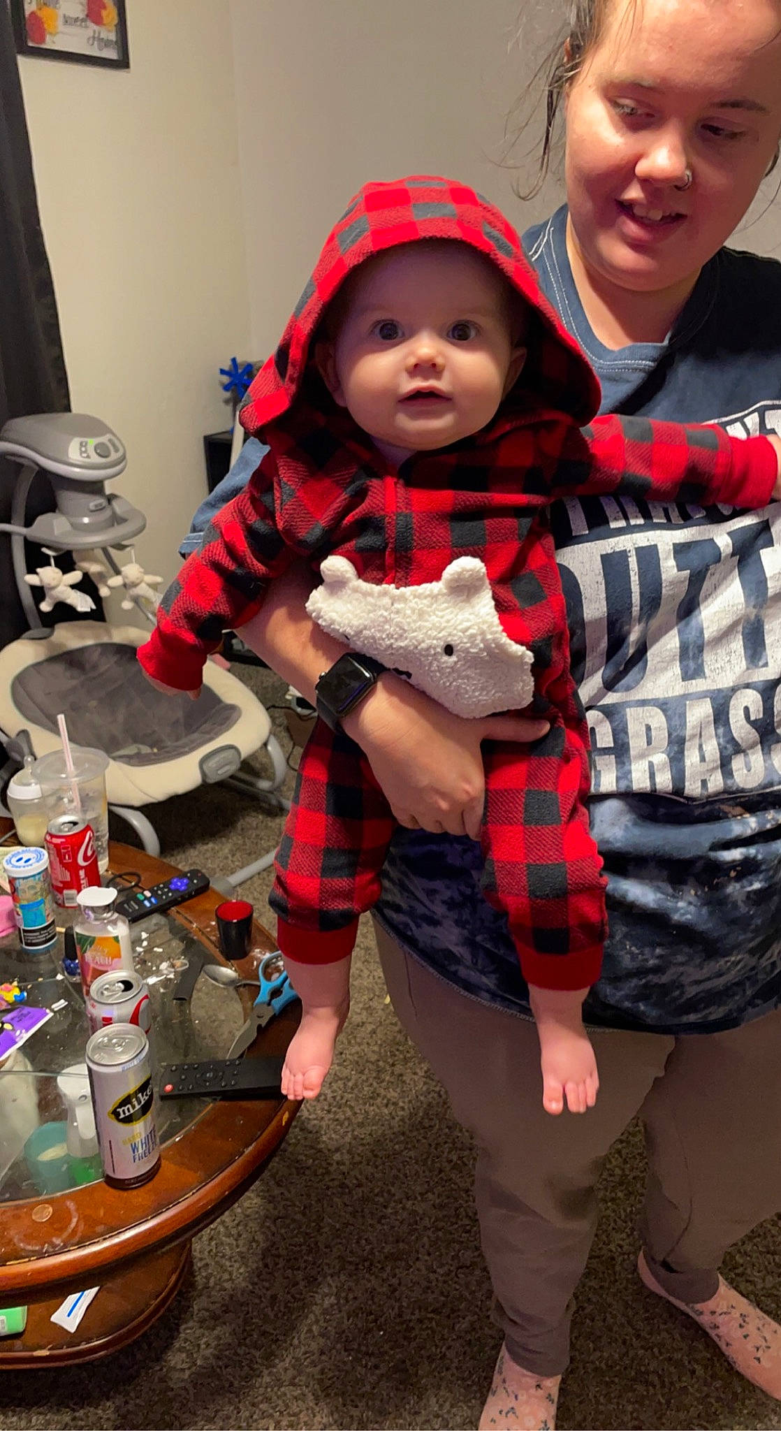 Everleigh joined the competition — help win amazing prizes! baby, carmine, child, couch, event, fun, fur, happy, headwear, holiday, pattern, person, personal_protective_equipment, plaid, red, sock, t_shirt, tartan, textile, toddler