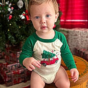 Kallen joined the competition — help win amazing prizes! toddler, child, baby, christmas, holiday, tree, presents, onesie, green, red, decorations, indoor, portrait, cute, wooden_stool, carrying_tree, festive, smiling, face, hands