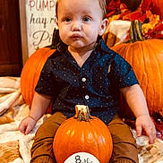 Kallen is registered to the contest to win money with this photo: baby, infant, pumpkin, blanket, autumn, fall, decorations, orange, shirt, pants, barefoot, cute_expression, child, seasonal, indoor, woodland_animals, sign, photography, smile, holiday