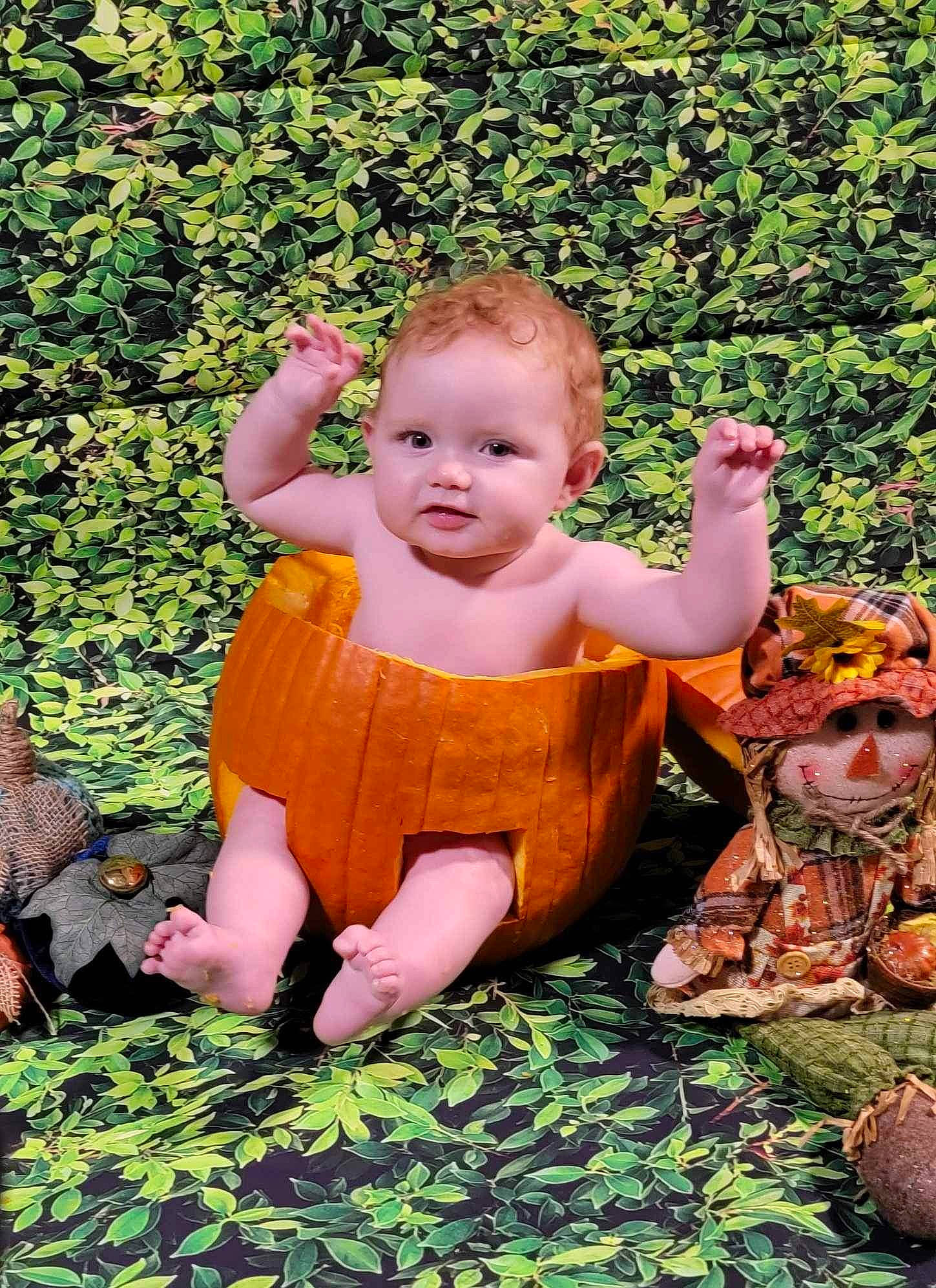 Gwen joined the competition — help win amazing prizes! baby, baby_toddler_clothing, child, fun, garden, grass, happy, leisure, mammal, orange, people_in_nature, person, plant, pumpkin, recreation, sitting, smile, toddler, toy, tree