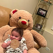 Emin joined the competition — help win amazing prizes! baby, teddy_bear, smile, infant, child, plush_toy, sign, wooden_sign, indoor, couch, sitting, clothing, shorts, shirt, photo_frame, shelf, home, cute, happy, portrait