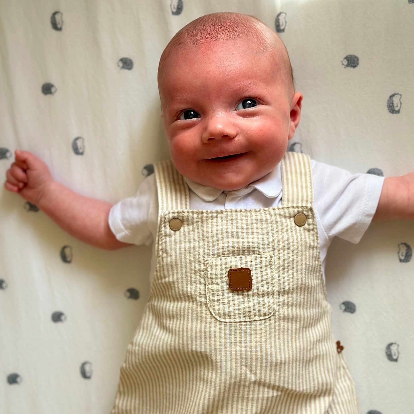 Gabriel participe au concours pour gagner de l'argent avec cette photo : adorable, arms_outstretched, baby, blanket, child, closeup, cute, face, happy, head, indoors, infant, lying_down, overalls, pattern, portrait, skin, smiling, white_shirt, young