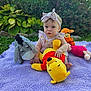 baby, child, infant, plush_toys, winnie_the_pooh, eeyore, tigger, piglet, blanket, outdoor, grass, headband, dress, greenery, plants, cute, sitting, soft_toy, nature, portrait