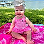 baby, child, pink_dress, headband, smiling, outdoor, grass, lake, sky, clouds, towel, sunny, barefoot, water, pier, nature, portrait, baby_girl, happy, summer