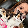 animal, calico, cat, closeup, couch, cozy, cute, domestic, face, fur, home, indoor, kitten, long_hair, person, pet, portrait, relaxing, snuggling, woman