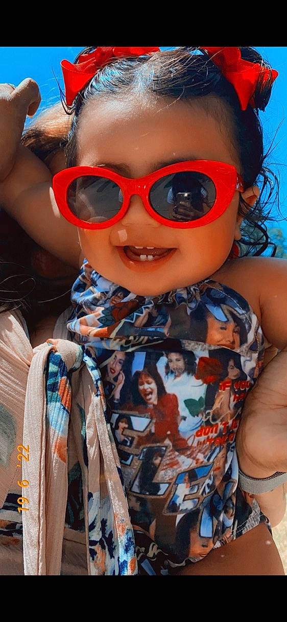 Adrienne Aaliyah-rose joined the competition — help win amazing prizes! blue, cool, doll, eyewear, fun, glasses, goggles, happy, human, lip, nose, orange, person, skin, smile, summer, sunglasses, toddler, toy, vision_care