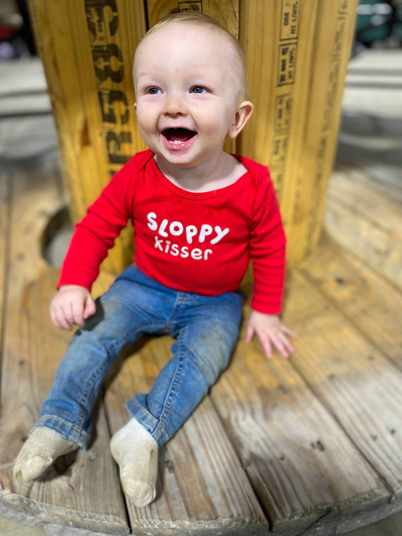 Grayson joined the competition — help win amazing prizes! baby, baby_toddler_clothing, cheek, child, denim, electric_blue, eye, flooring, fun, happy, head, nose, person, sitting, skin, sleeve, smile, standing, t_shirt, toddler