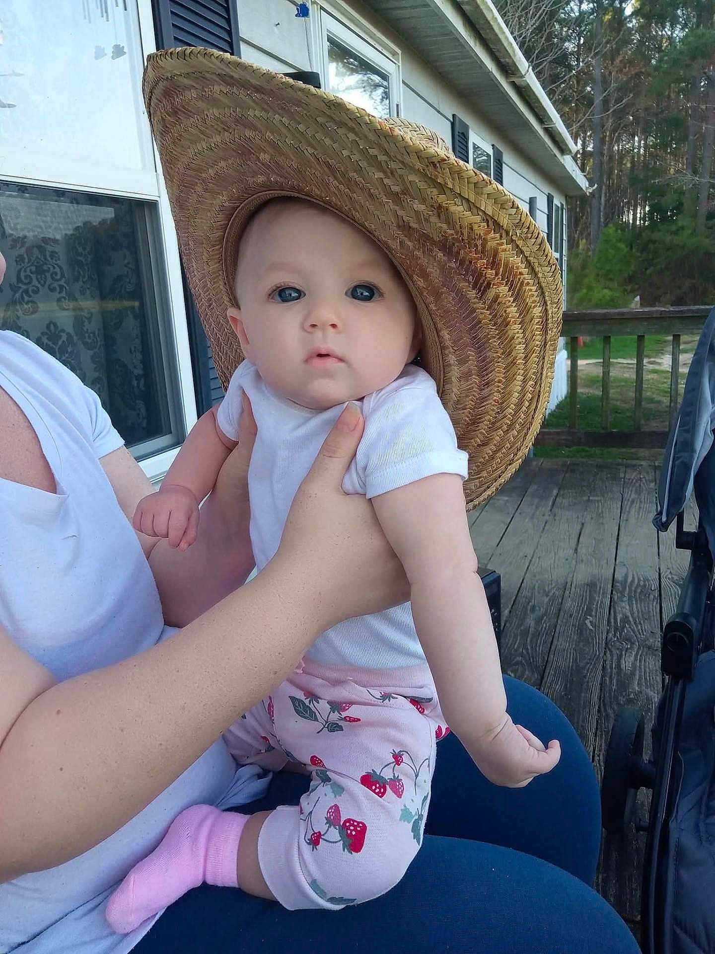 Margaret Hamilton joined the competition — help win amazing prizes! baby, infant, straw_hat, onesie, strawberry_pants, pink_sock, adult_hand, lap, wooden_deck, stroller, window, house_exterior, trees, outdoors, blue_eyes, person, holding, neutral_expression, cute, porch_railing