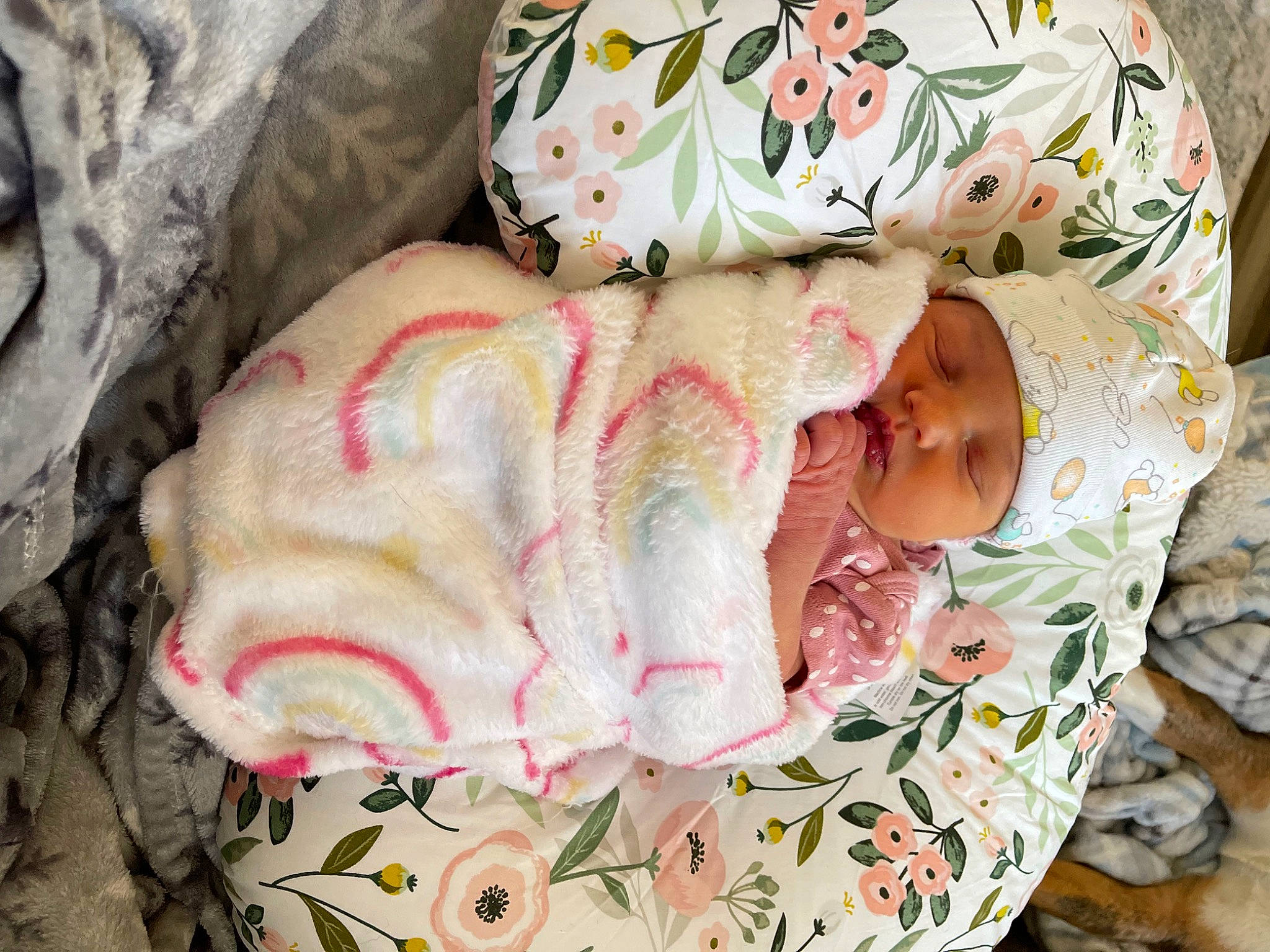 Bailiee joined the competition — help win amazing prizes! baby, baby_products, baby_sleeping, baby_toddler_clothing, blanket, child, comfort, face, fur, headgear, headwear, linens, pattern, peach, person, room, sleeve, stuffed_toy, toddler, wool