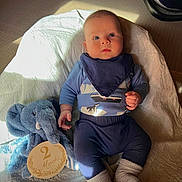 Malakai joined the competition — help win amazing prizes! baby, infant, blue_clothing, plush_elephant, wooden_sign, 2_months, blanket, sock, laying_down, indoor, carpet, child, cute, portrait, soft_toys, sunlight, warm_lighting, baby_bib, hands, face