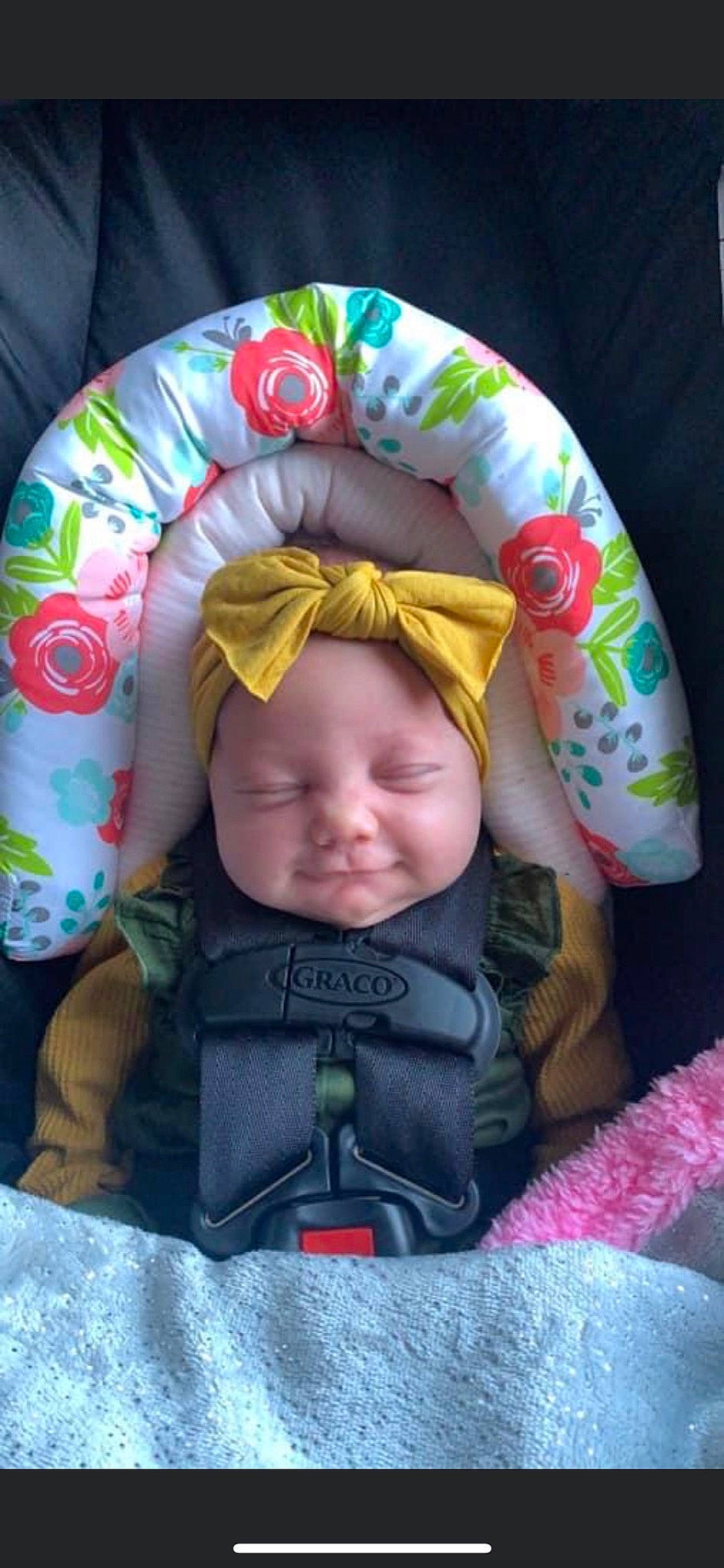 Eleanor joined the competition — help win amazing prizes! baby, baby_carriage, baby_products, baby_toddler_clothing, car_seat, cheek, child, chin, comfort, grass, happy, head, headwear, linens, person, pink, product, sitting, sleeve, smile