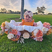 Lucy is registered to the contest to win money with this photo: baby, child, basket, flowers, grass, outdoor, nature, headband, orange_clothing, green_grass, tree, sunset, sky, park, cute, infant, portrait, flower_arrangement, smiling, sitting