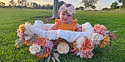 Lucy is registered to the contest to win money with this photo: baby, basket, child, cute, flower_arrangement, flowers, grass, green_grass, headband, infant, nature, orange_clothing, outdoor, park, portrait, sitting, sky, smiling, sunset, tree
