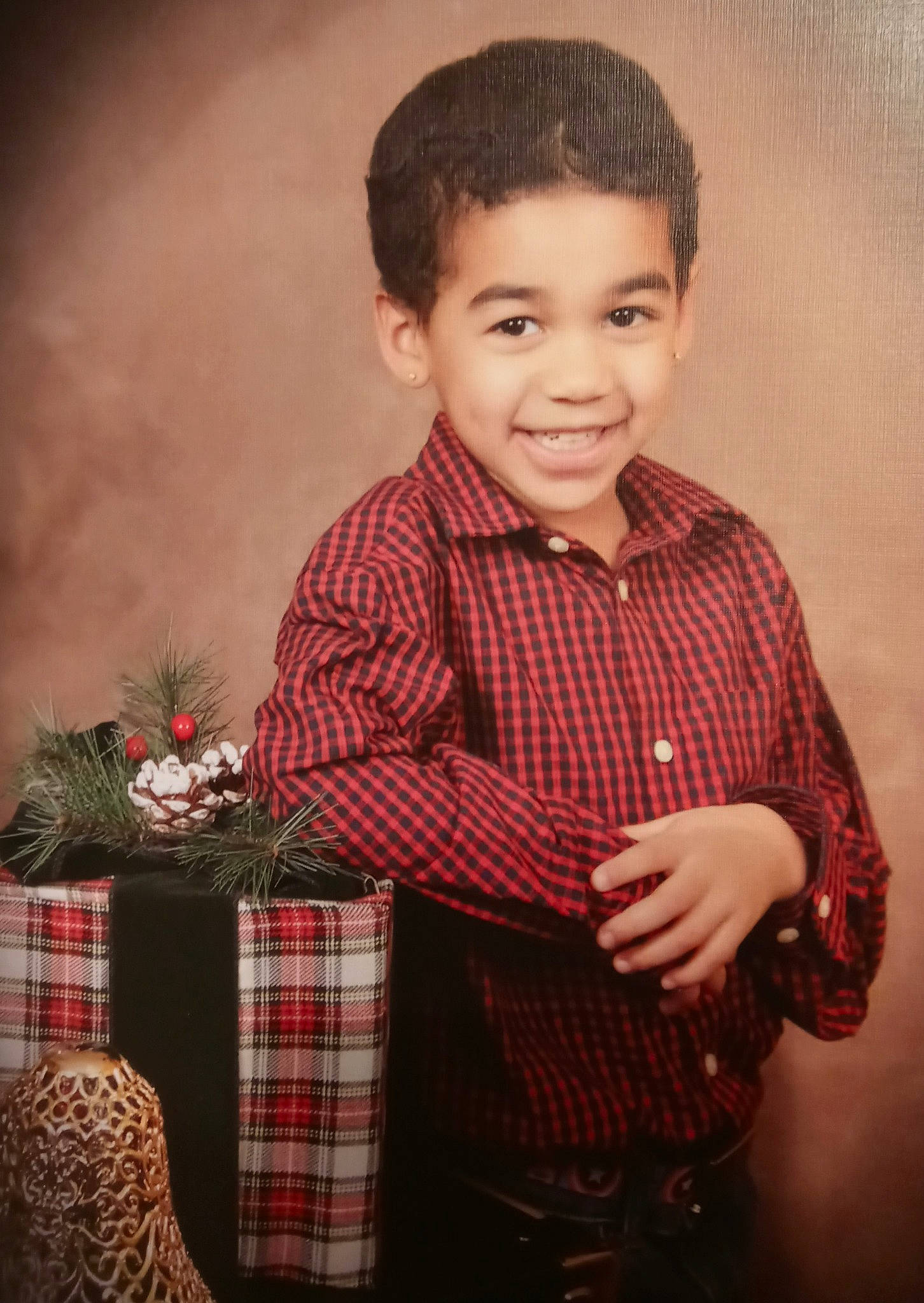 Leland joined the competition — help win amazing prizes! baby_toddler_clothing, child_model, christmas, design, ear, joy, laugh, pattern, person, plaid, pleased, sleeve, sock, standing, tartan, toddler, toy