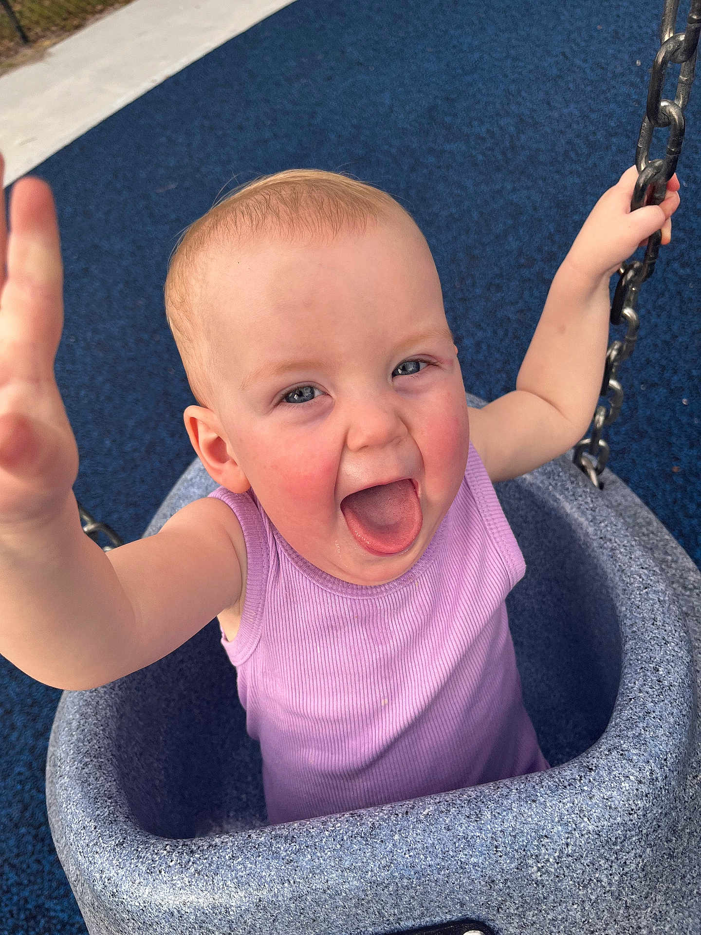 Analiese joined the competition — help win amazing prizes! toddler, child, swing, playground, happy, laughing, purple_tank_top, chain, outdoor, play, joyful, baby, seat, smiling, reaching, fun, daylight, person, cute, active