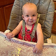 Analiese is registered to the contest to win money with this photo: baby, high_chair, messy, food, yogurt, smile, happy, kitchen, child, face, arm, clothing, seat, feeding, infant, cute, toddler, skin, person, dairy