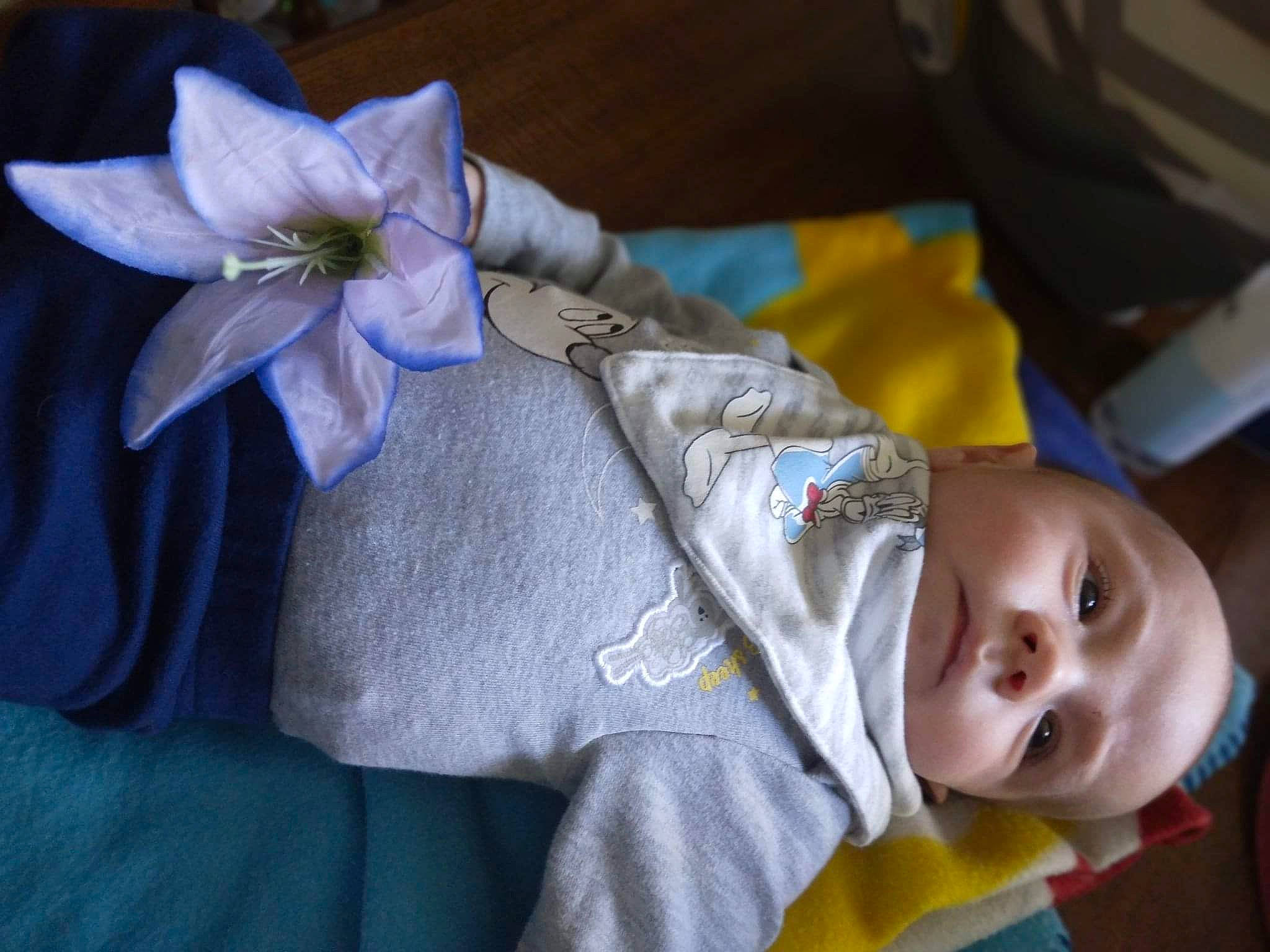 Colton is registered to the contest to win money with this photo: baby, baby_carriage, baby_products, baby_toddler_clothing, bedtime, comfort, couch, electric_blue, fashion_accessory, flower, flowering_plant, grass, hand, happy, human_body, linens, person, petal, sitting, toddler