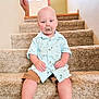 toddler, child, pacifier, stairs, carpet, shirt, shorts, socks, indoor, door, railing, wall, baby, sitting, person, young_child, light, expression, calm, home
