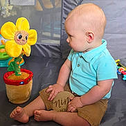 Cayden joined the competition — help win amazing prizes! baby, barefoot, child, childhood, colorful, curious, cute, indoor, infant, play_mat, playtime, plush_flower, polo_shirt, shorts, side_view, sitting, smiling_toy, soft_toy, toy, young_child