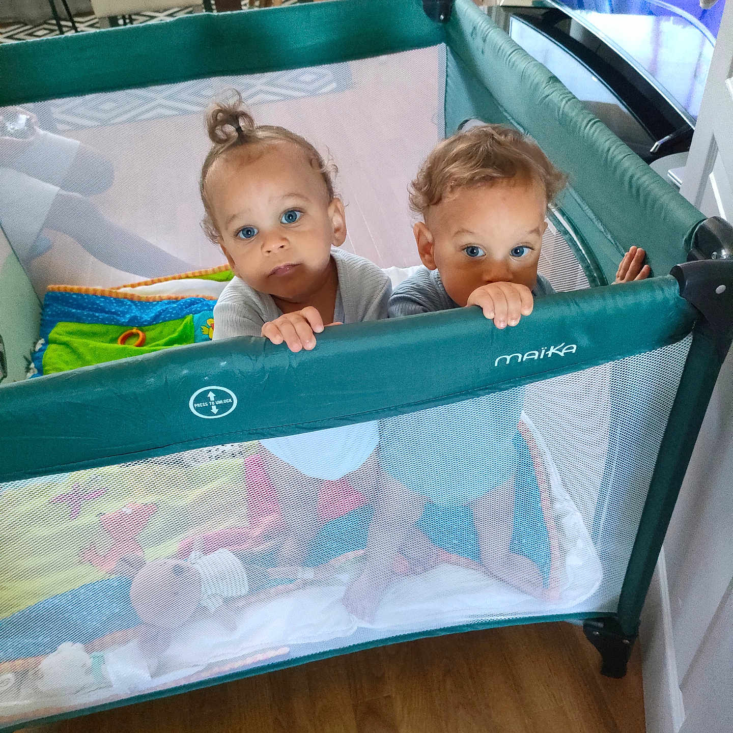 Lucas Et Theo participe au concours pour gagner de l'argent avec cette photo : baby, blanket, blue_eyes, child, colorful, curious, curly_hair, cute, furniture, home_interior, indoor, living_room, mesh, person, play, playpen, standing, toddler, toy, wooden_floor