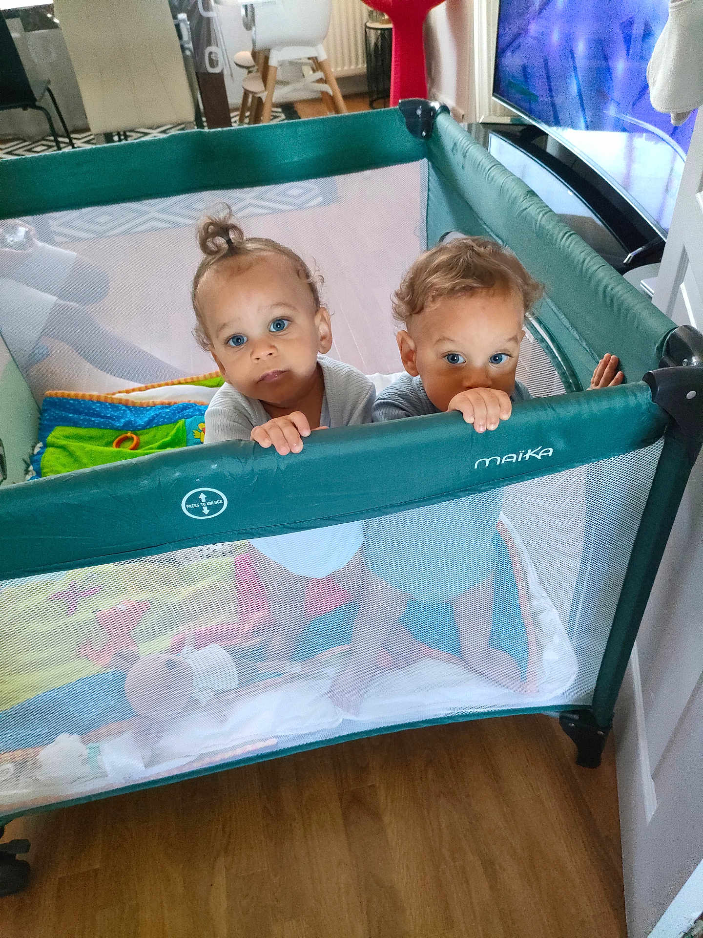 Lucas Et Theo participe au concours pour gagner de l'argent avec cette photo : toddler, child, playpen, blue_eyes, curly_hair, toy, blanket, wooden_floor, living_room, furniture, home_interior, standing, baby, indoor, person, cute, curious, mesh, colorful, play