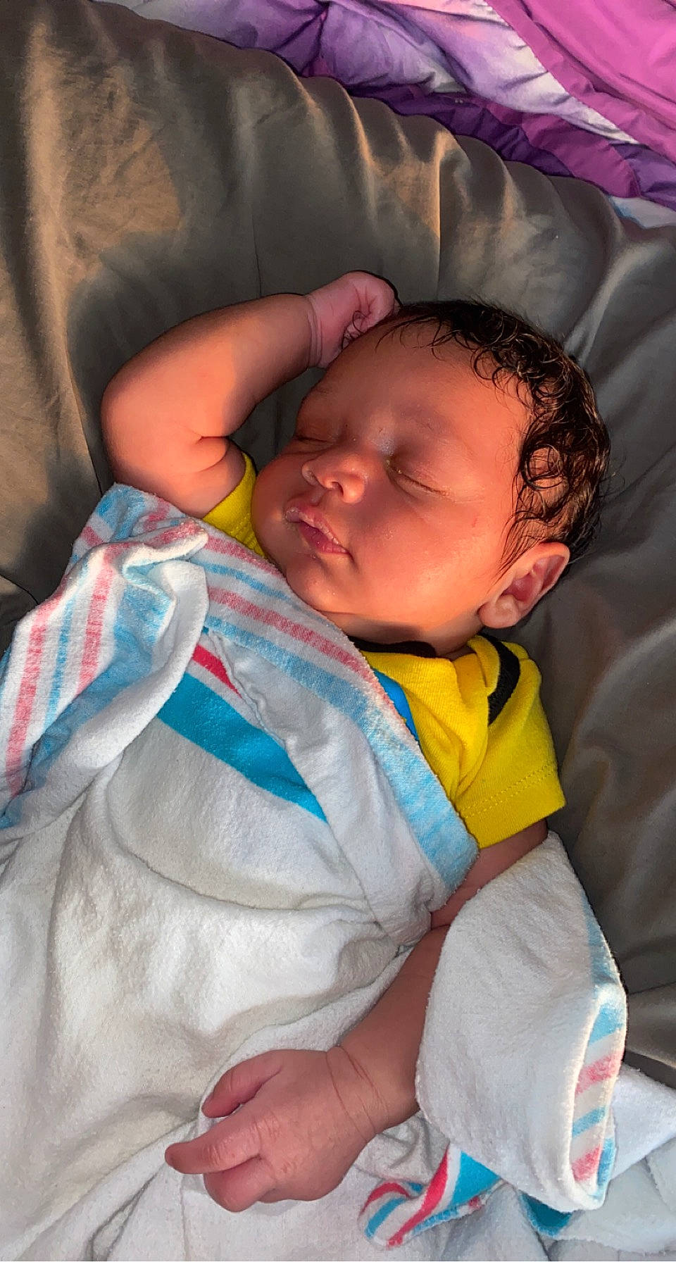 Kyren is registered to the contest to win money with this photo: baby, baby_toddler_clothing, cheek, chin, comfort, eye, eyebrow, face, facial_expression, finger, hairstyle, head, iris, linens, mouth, nose, person, product, skin, textile