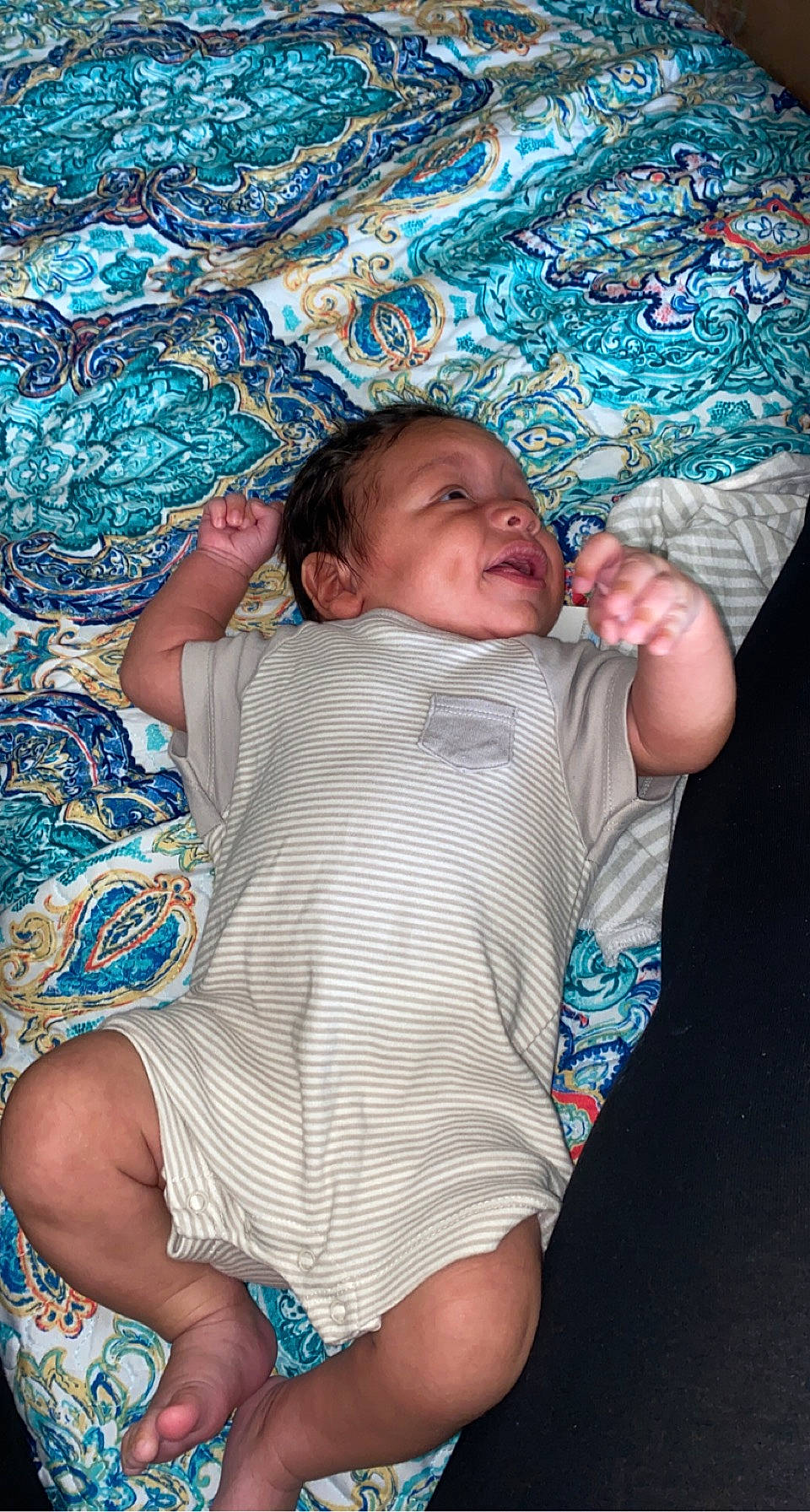 Kyren joined the competition — help win amazing prizes! arm, baby, baby_toddler_clothing, blue, comfort, eye, finger, fun, head, human_body, leg, linens, mouth, muscle, pattern, person, skin, textile, thigh, toddler