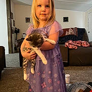 Zoey joined the competition — help win amazing prizes! animal, blanket, blonde_hair, carpet, carpeted_floor, cat, child, couch, cute, door, furniture, holding, home_decor, indoor, living_room, person, pet, picture_frame, purple_dress, relaxed