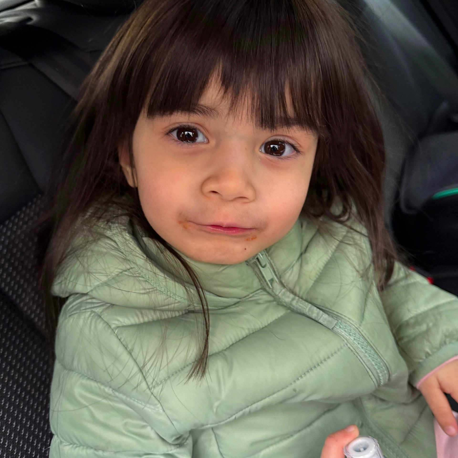 Ariana participe au concours pour gagner de l'argent avec cette photo : child, girl, face, brown_eyes, jacket, puffer_jacket, green_jacket, messy_face, chocolate, car_seat, seatbelt, portrait, indoor, casual, person, cute, young, looking_at_camera, long_hair, winter_clothing