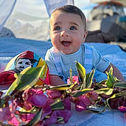 Luca joined the competition — help win amazing prizes! baby, ball, blanket, blue_clothing, child, colorful, cute, daylight, face, flowers, happy, infant, nature, outdoor, pink_flowers, playful, portrait, smile, sunlight, young