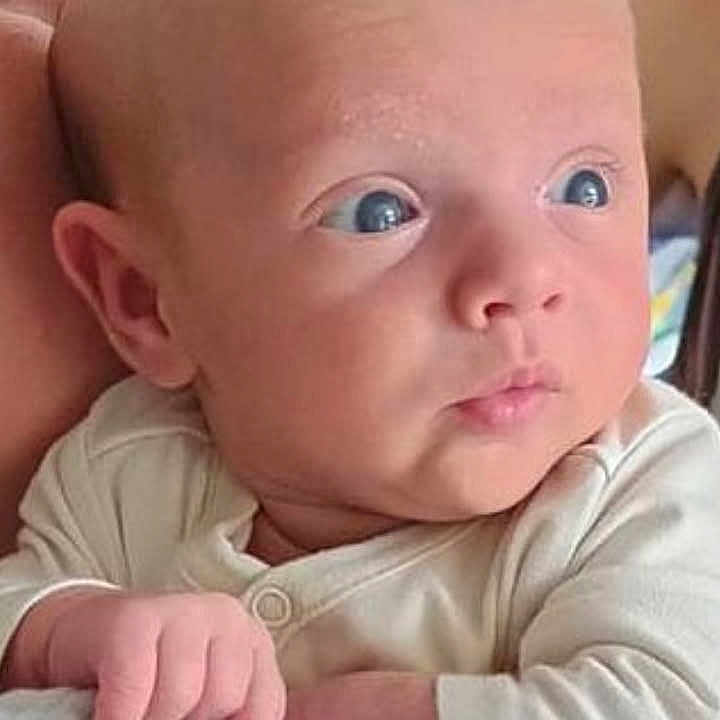 Daëmon a rejoint le concours — aidez-le/la à gagner de superbes lots ! baby, bald, blanket, blue_eyes, child, close_up, clothing, curious, cute, expression, face, hand, holding, indoor, infant, newborn, person, portrait, skin, soft_light