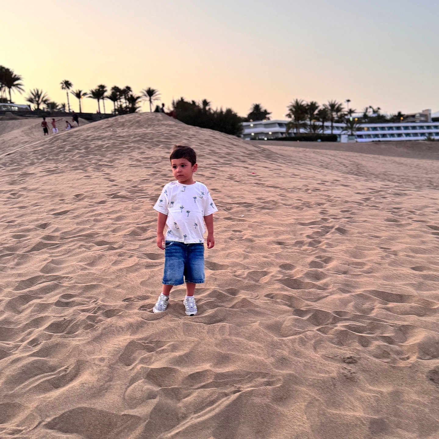 Helias a rejoint le concours — aidez-le/la à gagner de superbes lots ! boy, calm, casual_clothing, child, daylight, dune, landscape, nature, outdoor, palm_trees, sand, shorts, sky, sneakers, sunset, travel, tshirt, vacation, walking, young