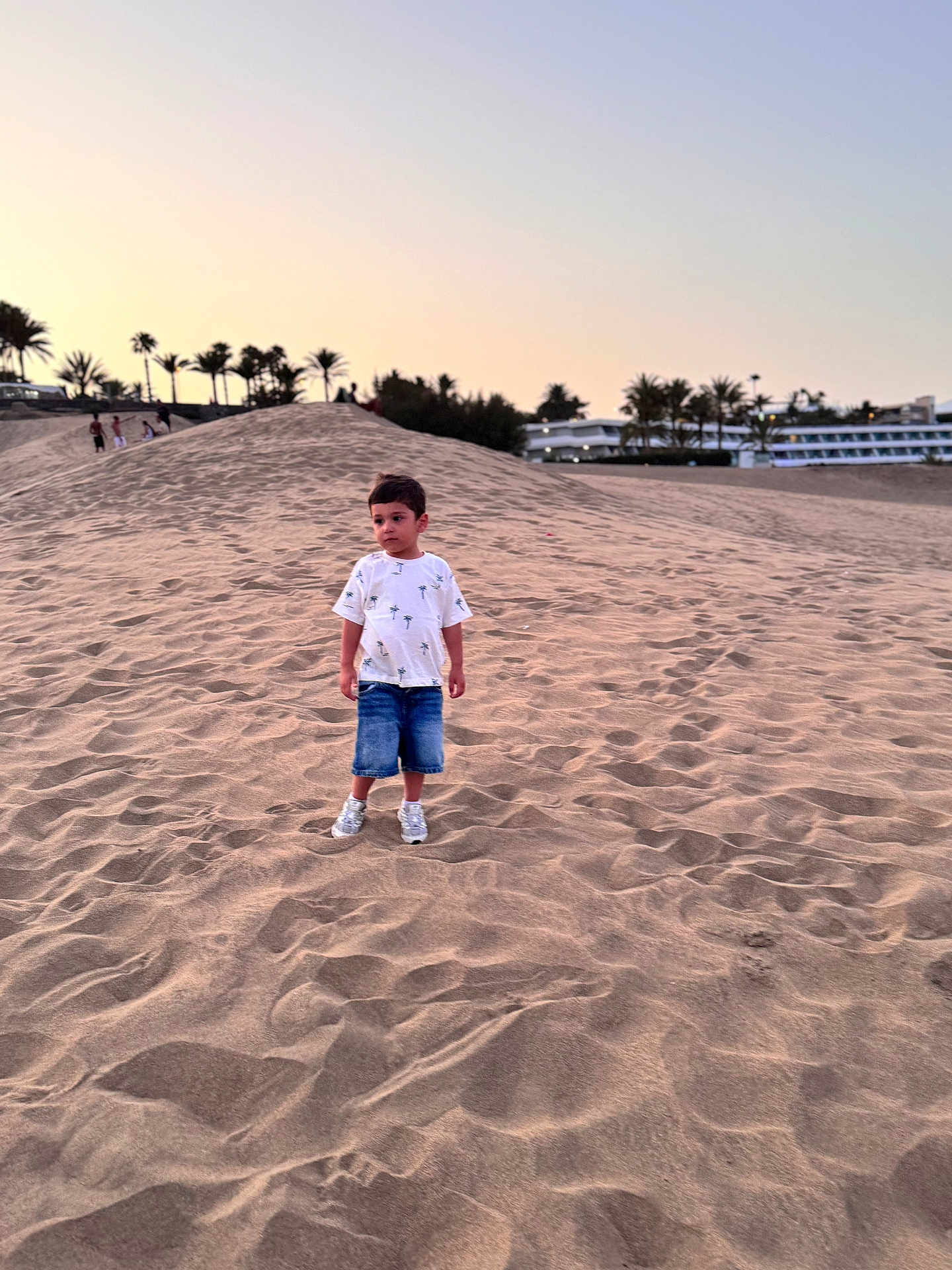 Helias a rejoint le concours — aidez-le/la à gagner de superbes lots ! child, sand, dune, sunset, outdoor, casual_clothing, tshirt, shorts, sneakers, palm_trees, sky, nature, landscape, vacation, travel, young, boy, calm, walking, daylight