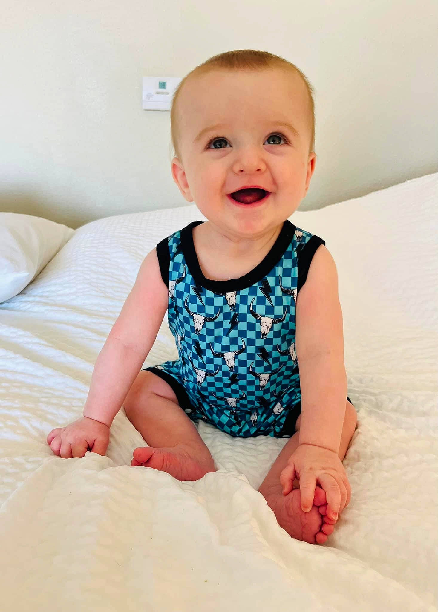 Kayce joined the competition — help win amazing prizes! azure, baby, baby_toddler_clothing, cheek, child, comfort, eye, flash_photography, fun, happy, head, iris, joy, pattern, person, product, sitting, skin, sleeve, smile