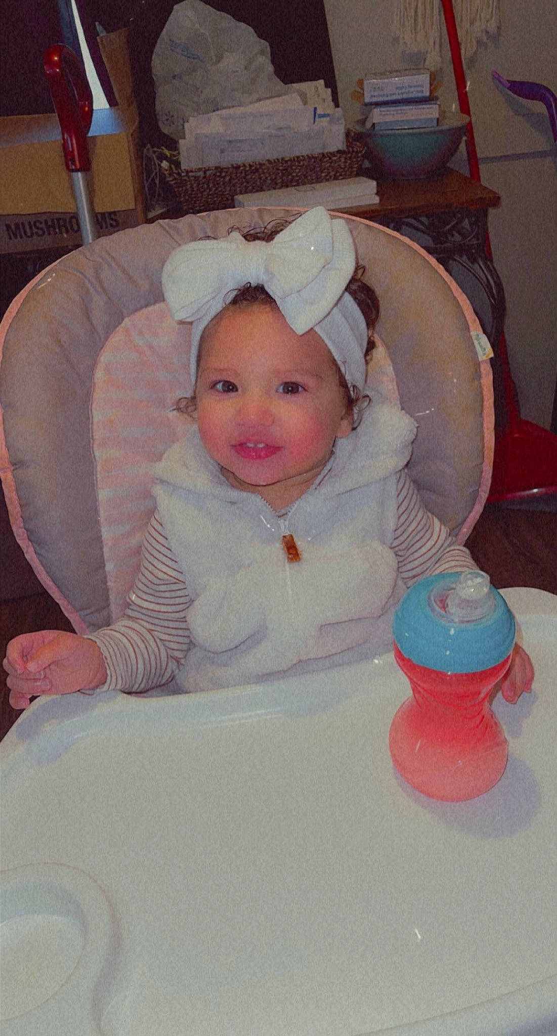 Amayah joined the competition — help win amazing prizes! baby, baby_products, baby_toddler_clothing, chair, cheek, child, comfort, event, fun, happy, lap, person, pink, plastic, plastic_bottle, room, sitting, smile, toddler, toy