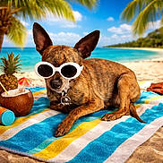 Boomer joined the competition — help win amazing prizes! accessory, animal, beach, canine, coconut, dog, fun, holiday, ocean, outdoor, palm_tree, pineapple, relaxation, sand, summer, sunglasses, sunny, towel, tropical, vacation
