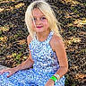 Alexa joined the competition — help win amazing prizes! child, girl, portrait, outdoor, park, tree, forest, sequin_dress, blue_dress, blonde_hair, blue_eyes, smiling, sitting, sunlight, nature, leaves, ground, wristbands, fashion, photograph