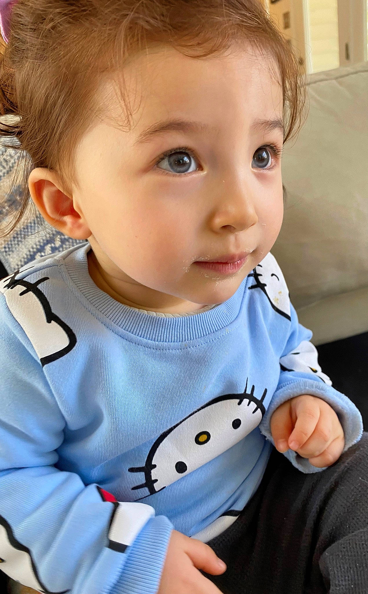 Lily joined the competition — help win amazing prizes! baby, baby_toddler_clothing, blond, cheek, child, eyelash, facial_expression, finger, gesture, hair, happy, lip, nose, pattern, person, product, skin, sleeve, t_shirt, thumb