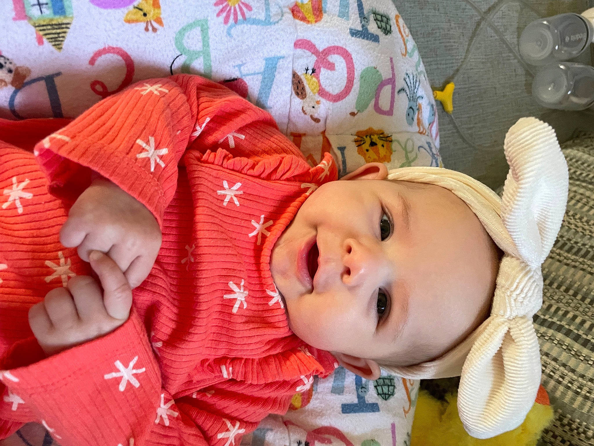 Aubrey joined the competition — help win amazing prizes! baby, baby_products, baby_toddler_clothing, cheek, child, coffee_cup, face, happy, lip, mouth, nose, pattern, person, serveware, skin, sleeve, smile, tableware, textile, toddler