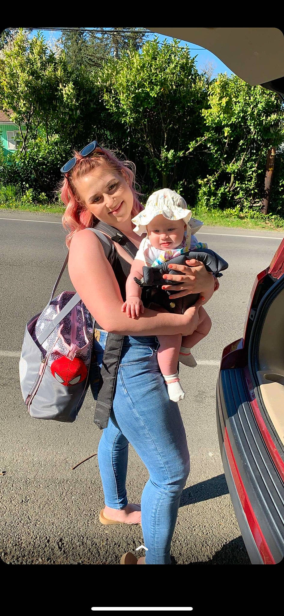 Lilah joined the competition — help win amazing prizes! baby, cool, electric_blue, event, eyewear, facial_expression, fun, grass, happy, headwear, jeans, joy, leisure, luggage_and_bags, mammal, person, plant, public_space, recreation, toddler