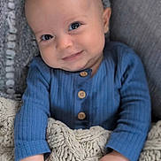Alby is registered to the contest to win money with this photo: baby, infant, smile, blue_clothing, knit_blanket, hand, face, cozy, cute, portrait, child, sitting, indoors, warm, soft_texture, buttoned_shirt, closeup, happy, young, candid