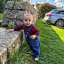 blue_sky, car, casual_clothing, child, clouds, curious, daylight, grass, greenery, house, nature, outdoor, overalls, person, plaid_shirt, shoes, stone_wall, sunlight, toddler, young_child