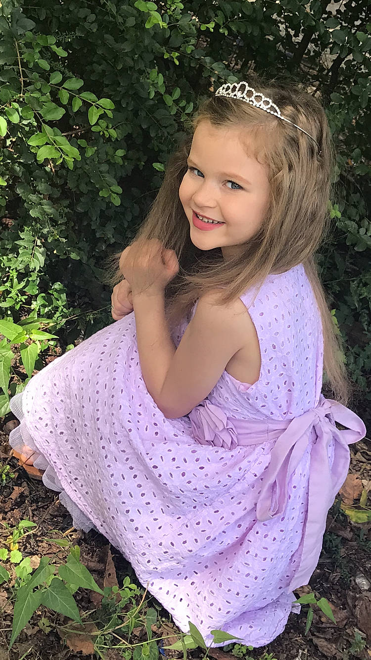 Addalyn joined the competition — help win amazing prizes! beauty, blond, brown_hair, child, child_model, clothing, design, dress, hair, hair_accessory, headband, headgear, joy, lavender, lilac, long_hair, pattern, person, pink, purple