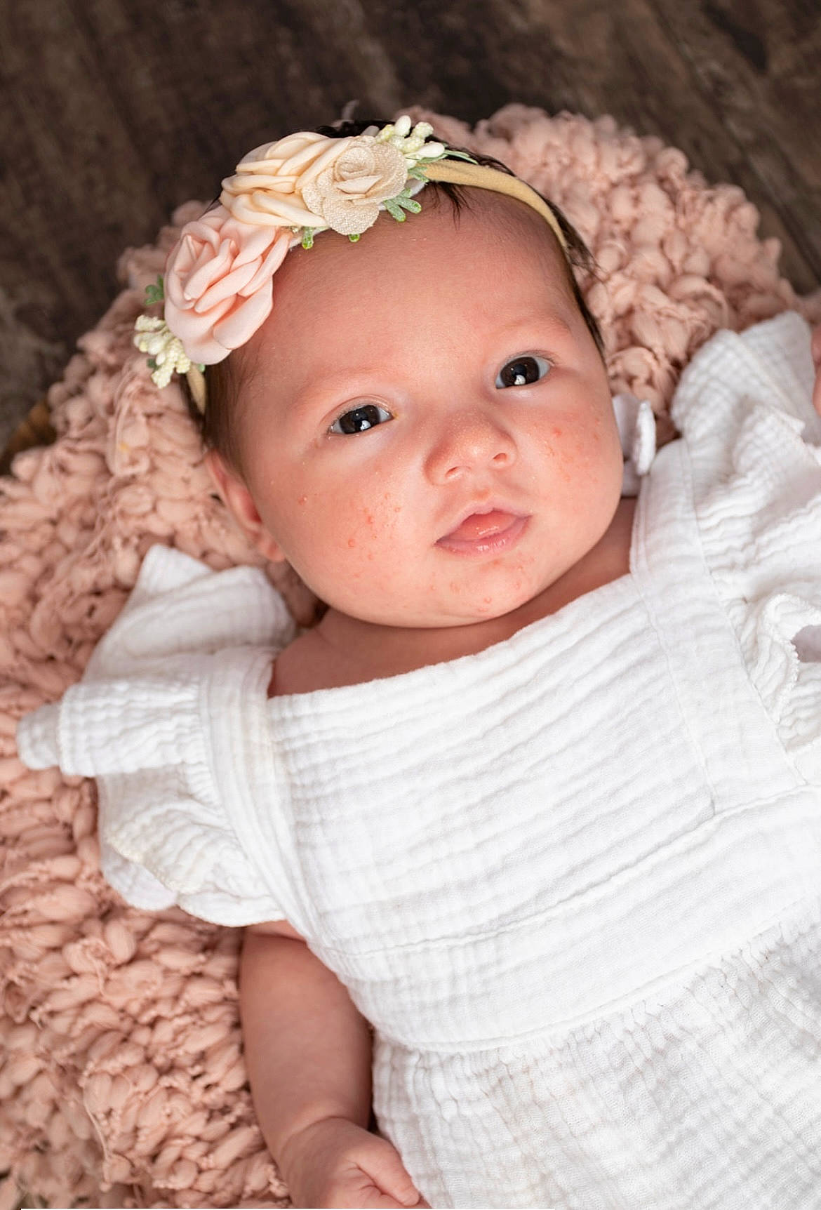 Estella joined the competition — help win amazing prizes! baby, baby_toddler_clothing, cheek, child, chin, embellishment, eye, flash_photography, flower, happy, headband, headgear, headwear, iris, lip, person, petal, pink, skin, sleeve