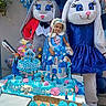 balloons, birthday_cake, birthday_party, blue_dress, cake, celebration, child, costume, costumed_characters, cupcakes, figurines, frozen_theme, fun, girl, indoor, mascot, party_decorations, smile, snowflake, table