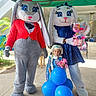 animal_costume, balloons, blue, celebration, character, child, costume, dress, entertainment, festival, gift, happy, headwear, mascot, outdoor, party, person, plush_toy, smile, toy